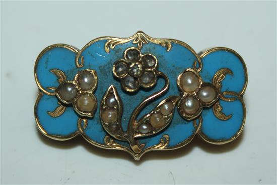 Blue enamel and seed pearl brooch